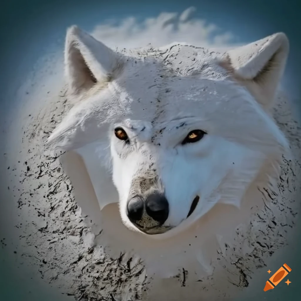photo of a content white wolf covered in mud
