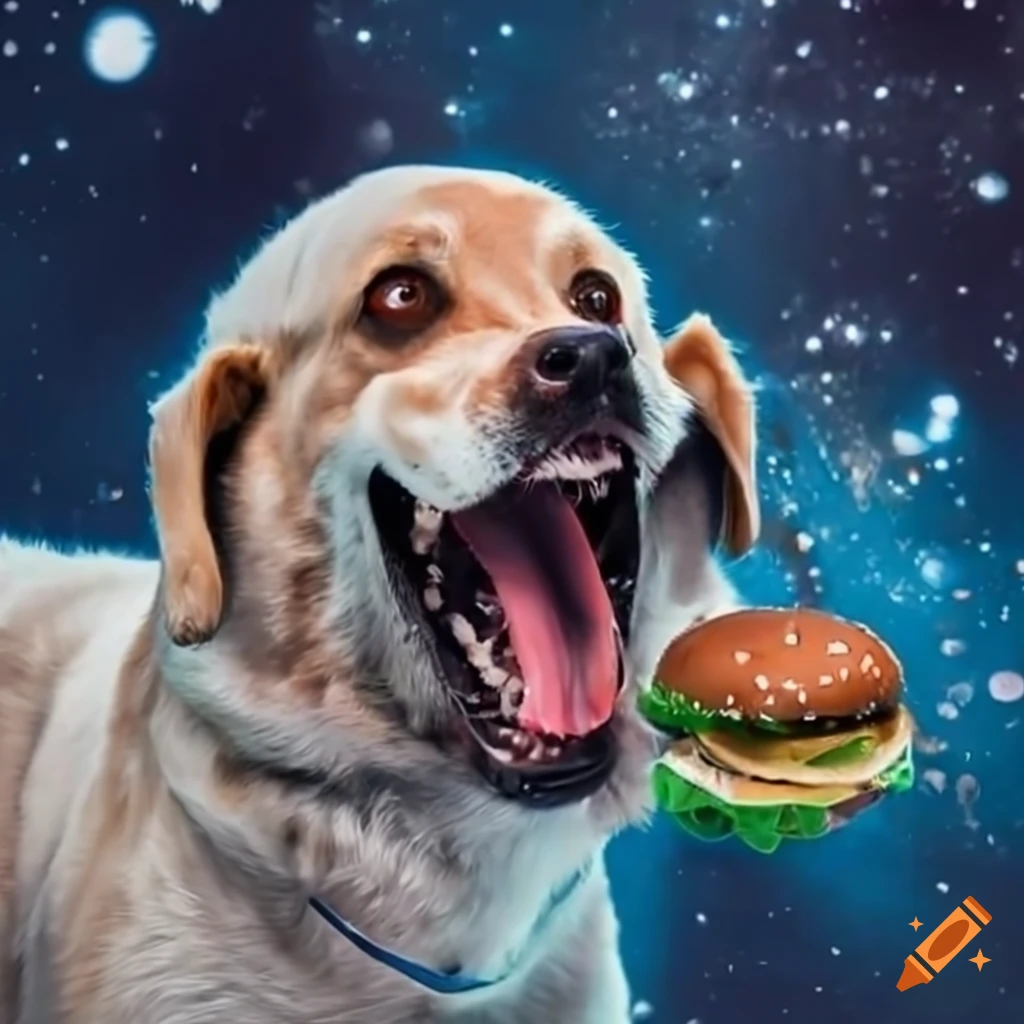 Dogs eating cheeseburgers in a spacethemed setting on Craiyon