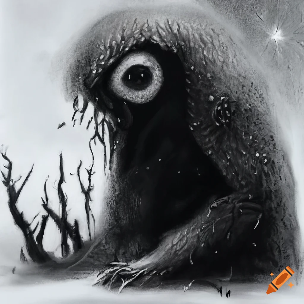 Charcoal art of a monster near a snowy cabin on Craiyon