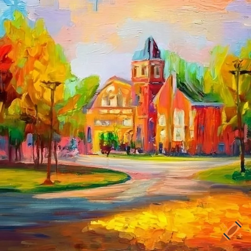oil painting of a vibrant school campus