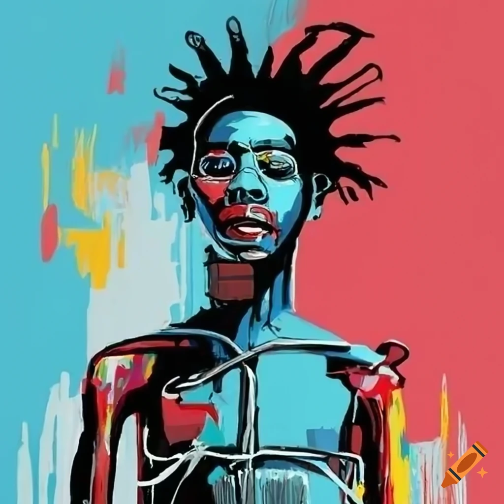 Basquiat-style artwork of a man riding a bike