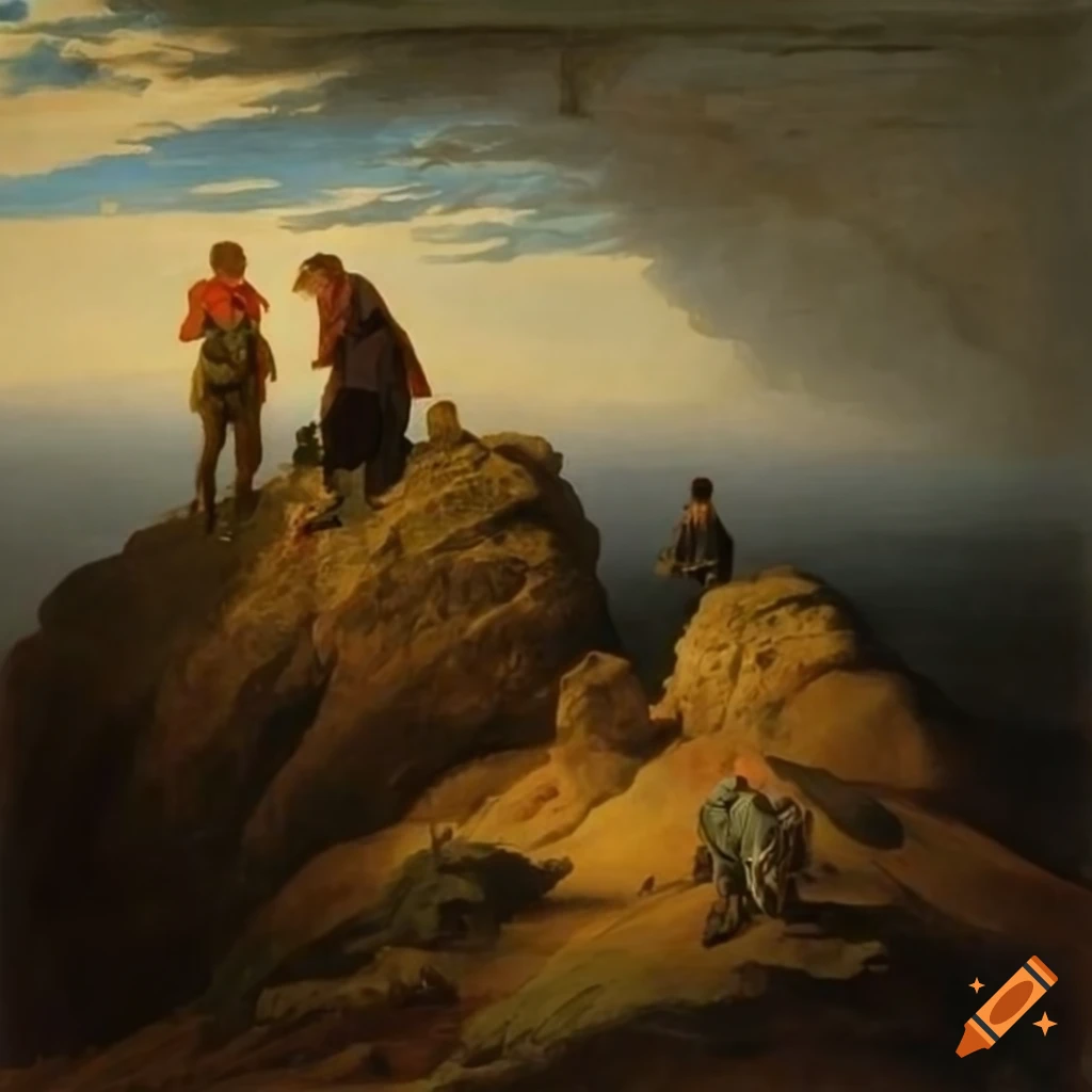 Painting of two people hiking in the Karpathians on Craiyon