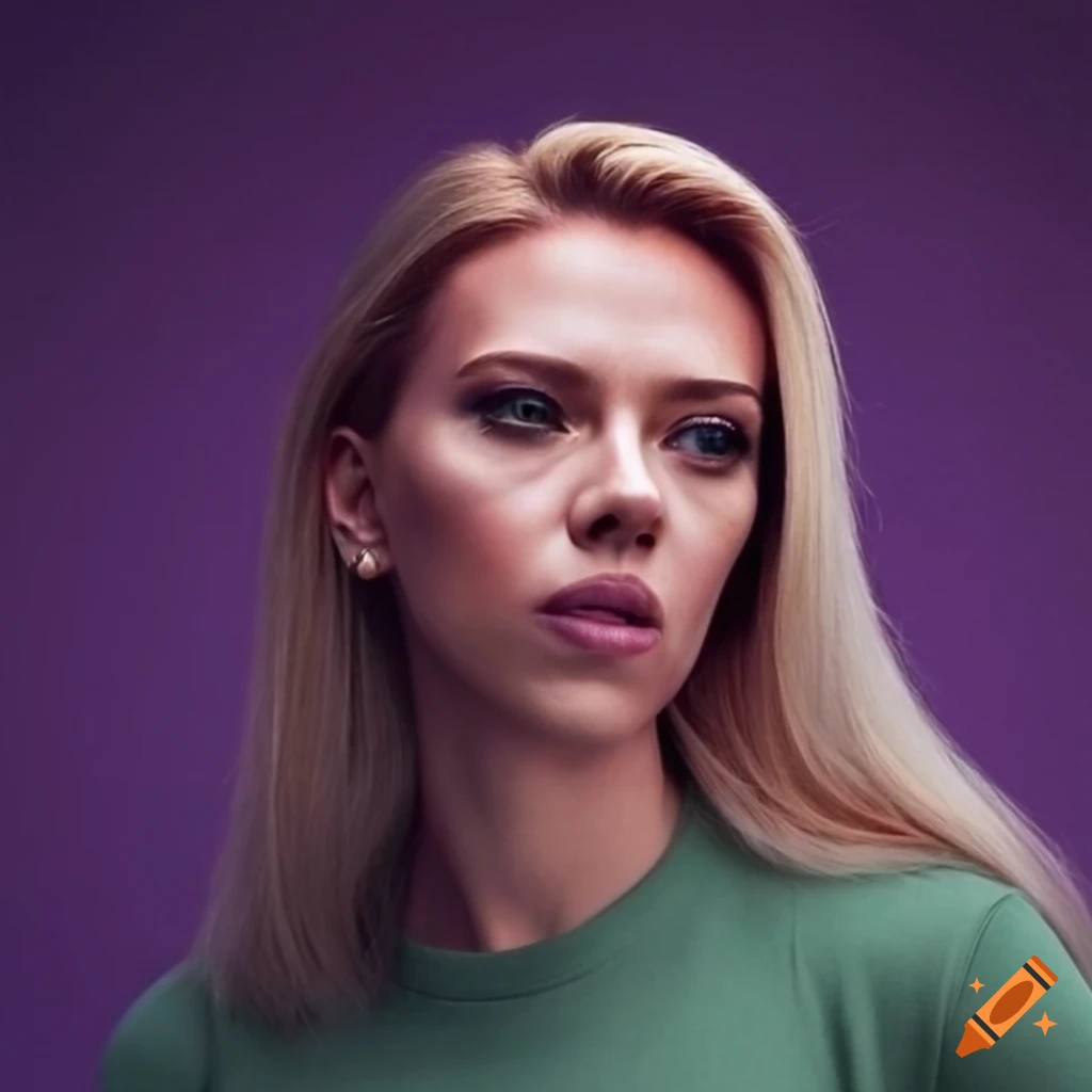 Scarlett johansson with green t-shirt and purple background