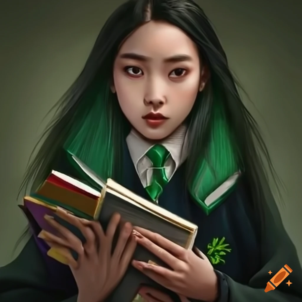 Slytherin female student with hazel eyes at hogwarts on Craiyon
