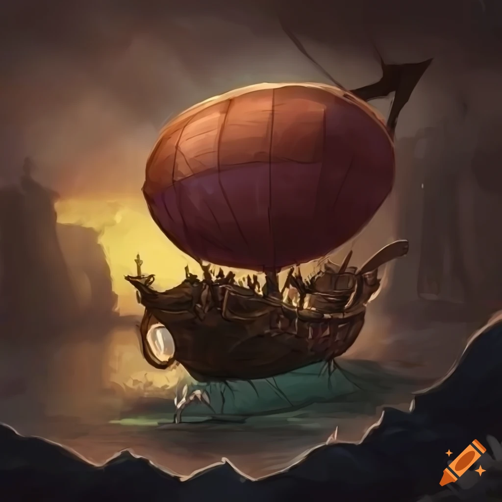 fantasy airship with diverse crew being chased by a dragon