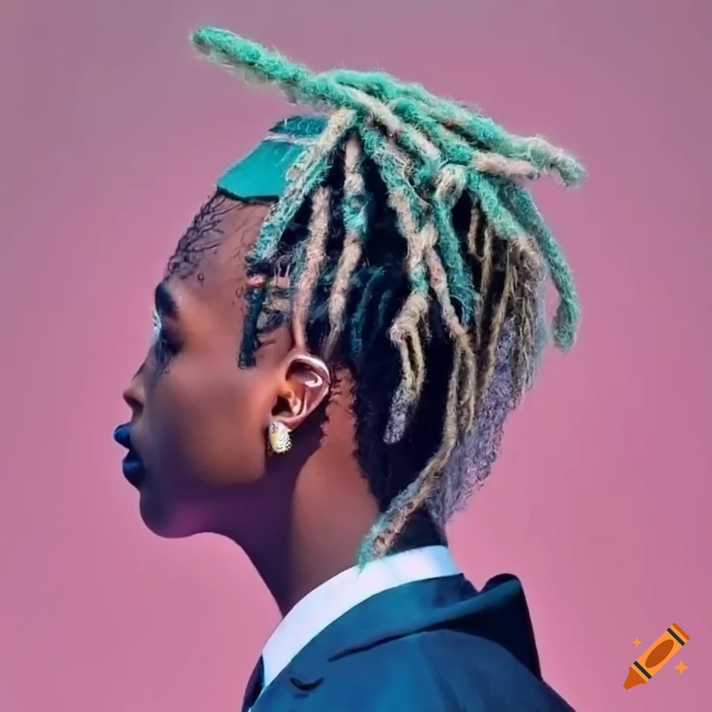 Portrait of a young person with platinum blonde dreads and silver clips
