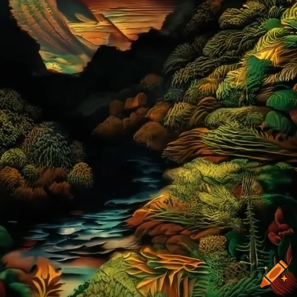 Intricate mountain valley with forest and river artwork on Craiyon