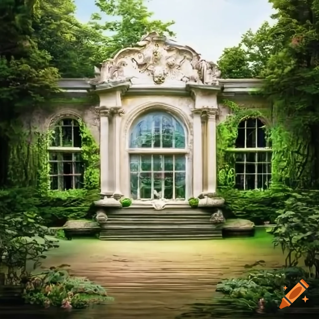 A beautifully sketched courtyard shopping mall with lush greenery on ...