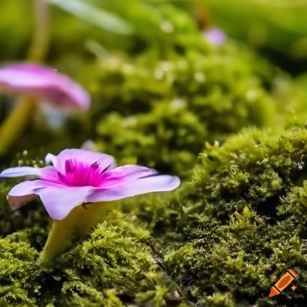 Close up of a flower surrounded by moss and mushrooms underwater
