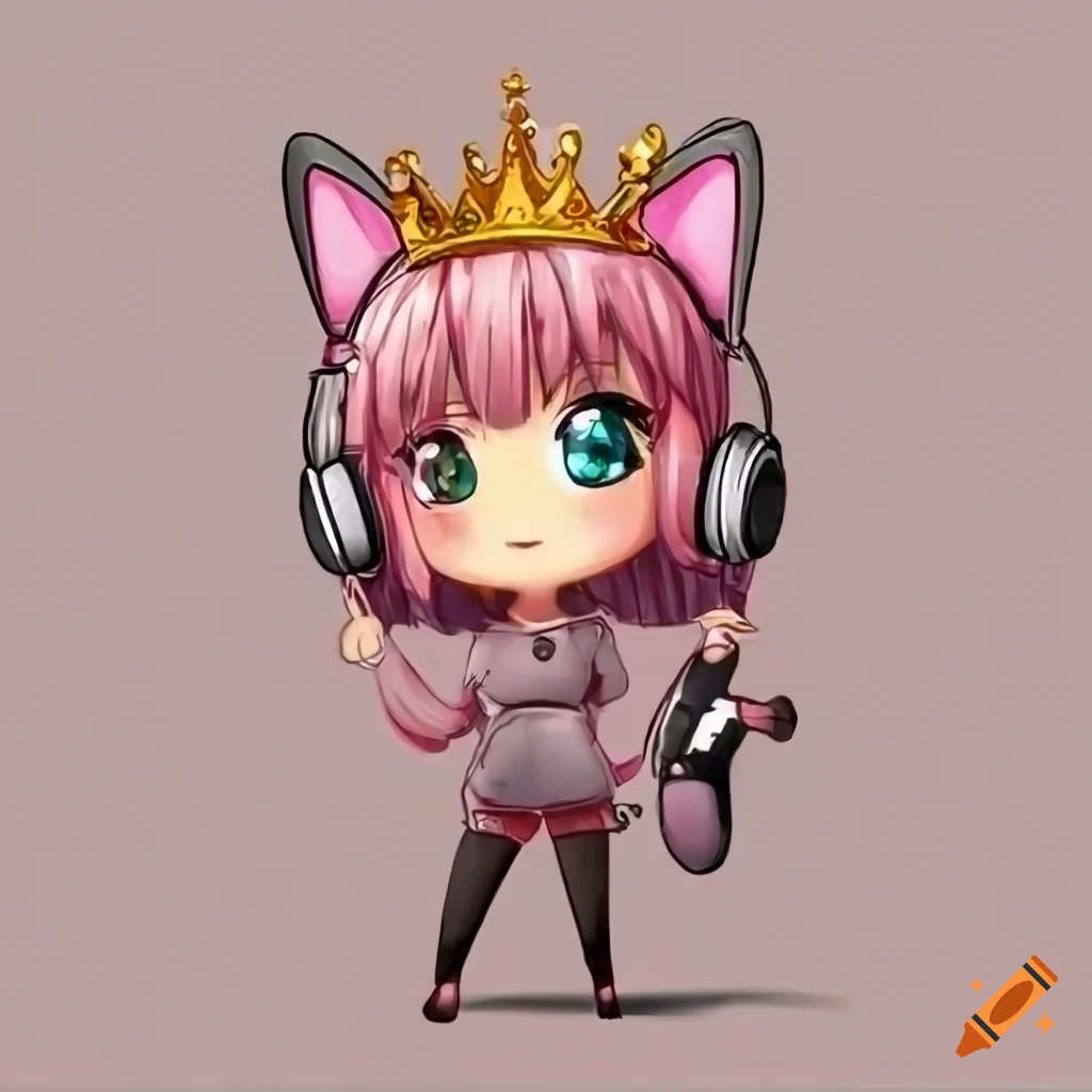 cute chibi girl with Xbox controller and cat ear headphones