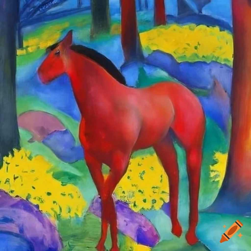 colorful artwork of a red horse in a blue forest