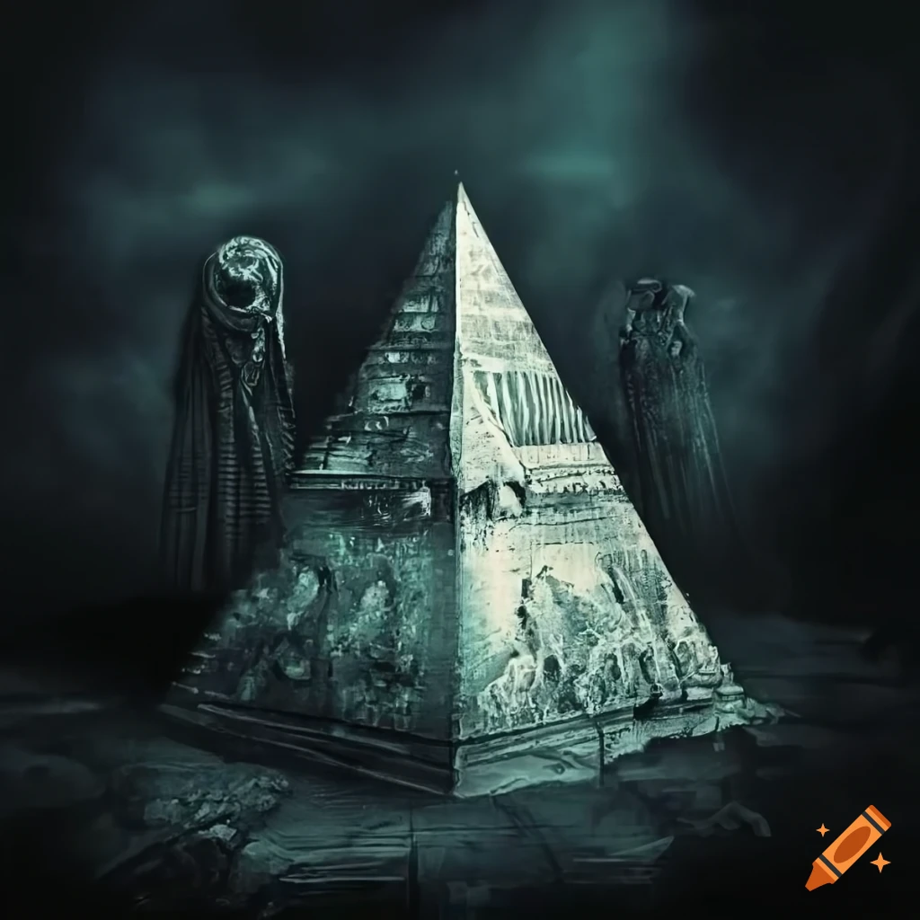 dark and vintage black metal artwork featuring a UFO over a pyramid