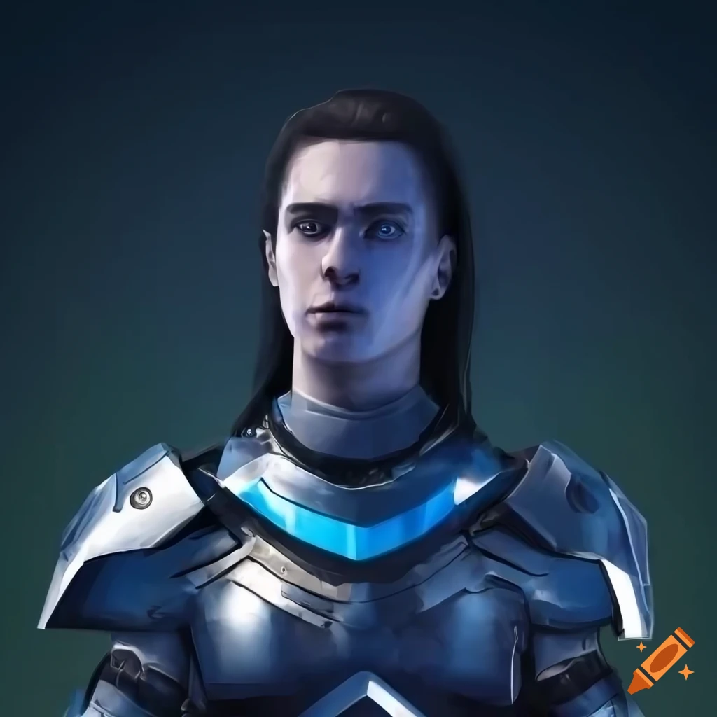 Image of a confident man in futuristic knight body armor on Craiyon