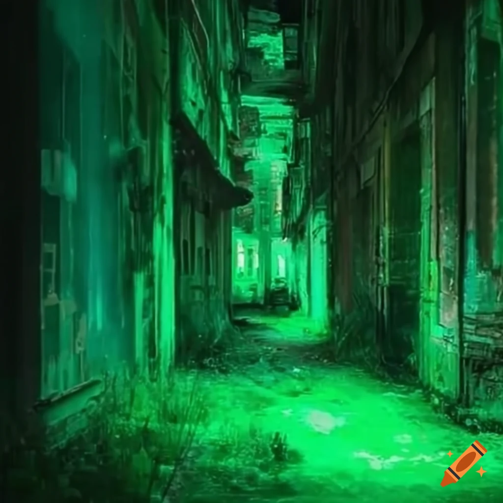 view from green night vision goggles in abandoned city