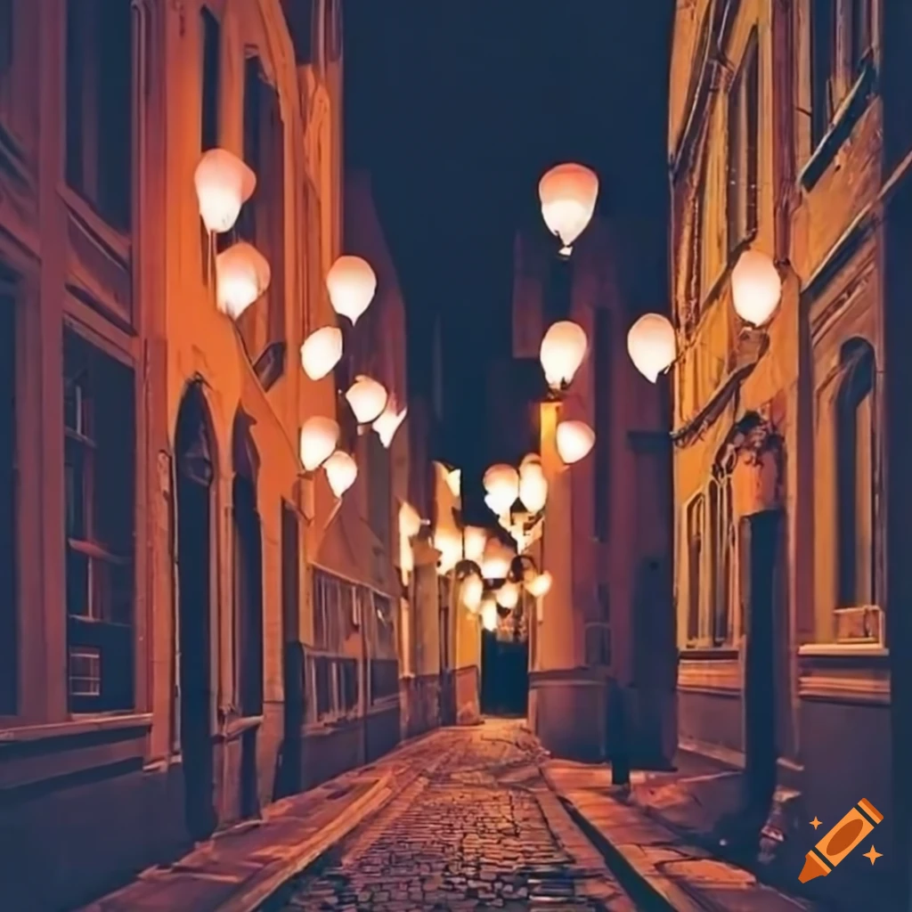 Night scene with paper lanterns in a historic city street on Craiyon