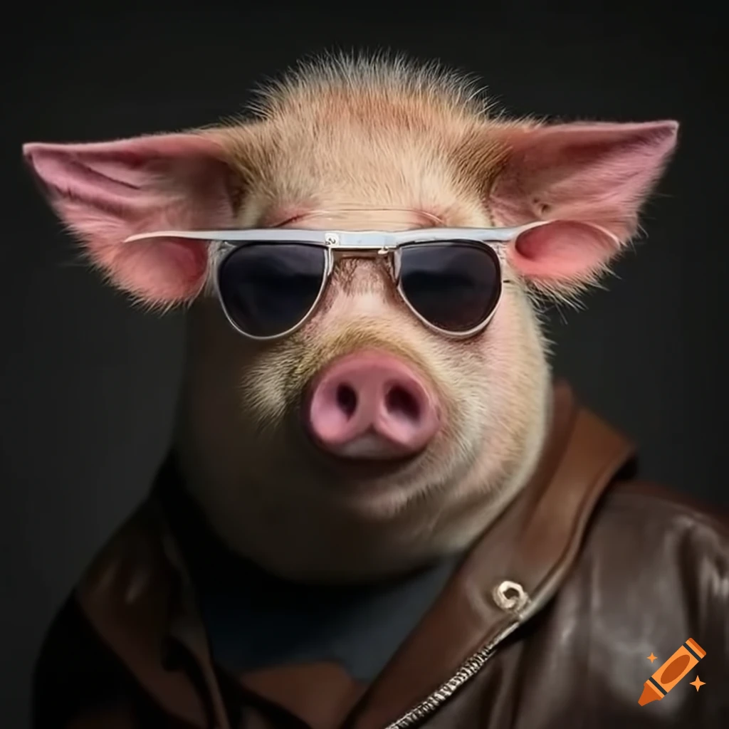 cool pig wearing a leather jacket and sunglasses
