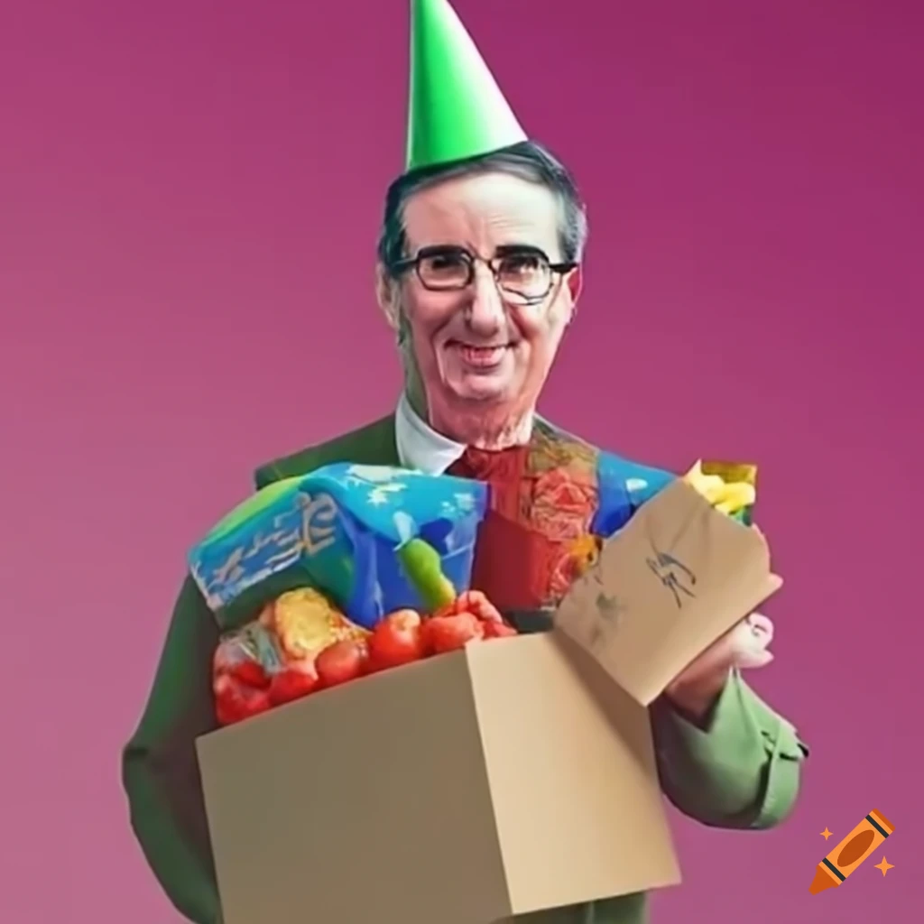 John oliver wearing birthday hat and carrying groceries on Craiyon
