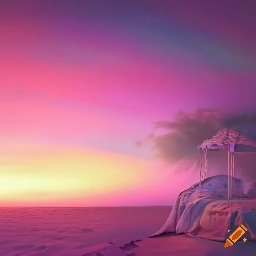enchanted room in a beach with pink sunlight