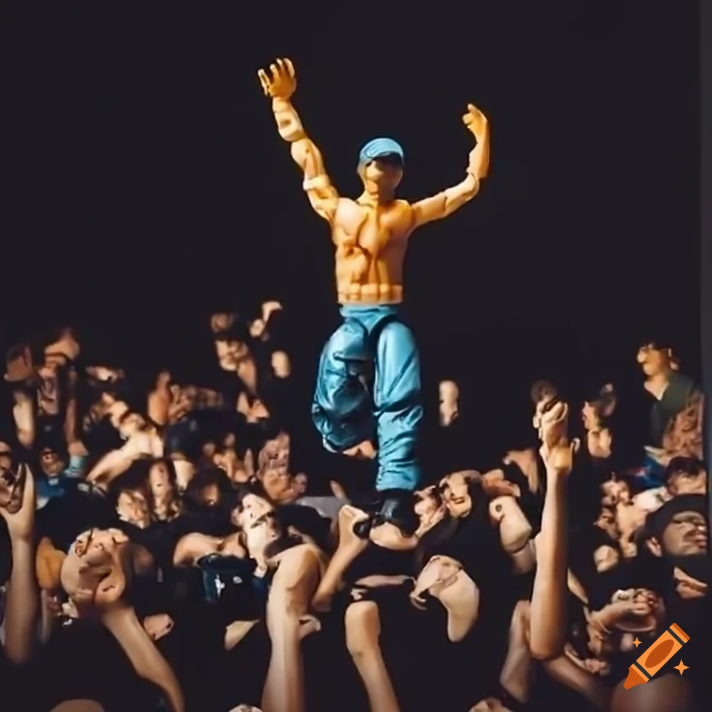 Crowd jumping at a rapper action figure concert