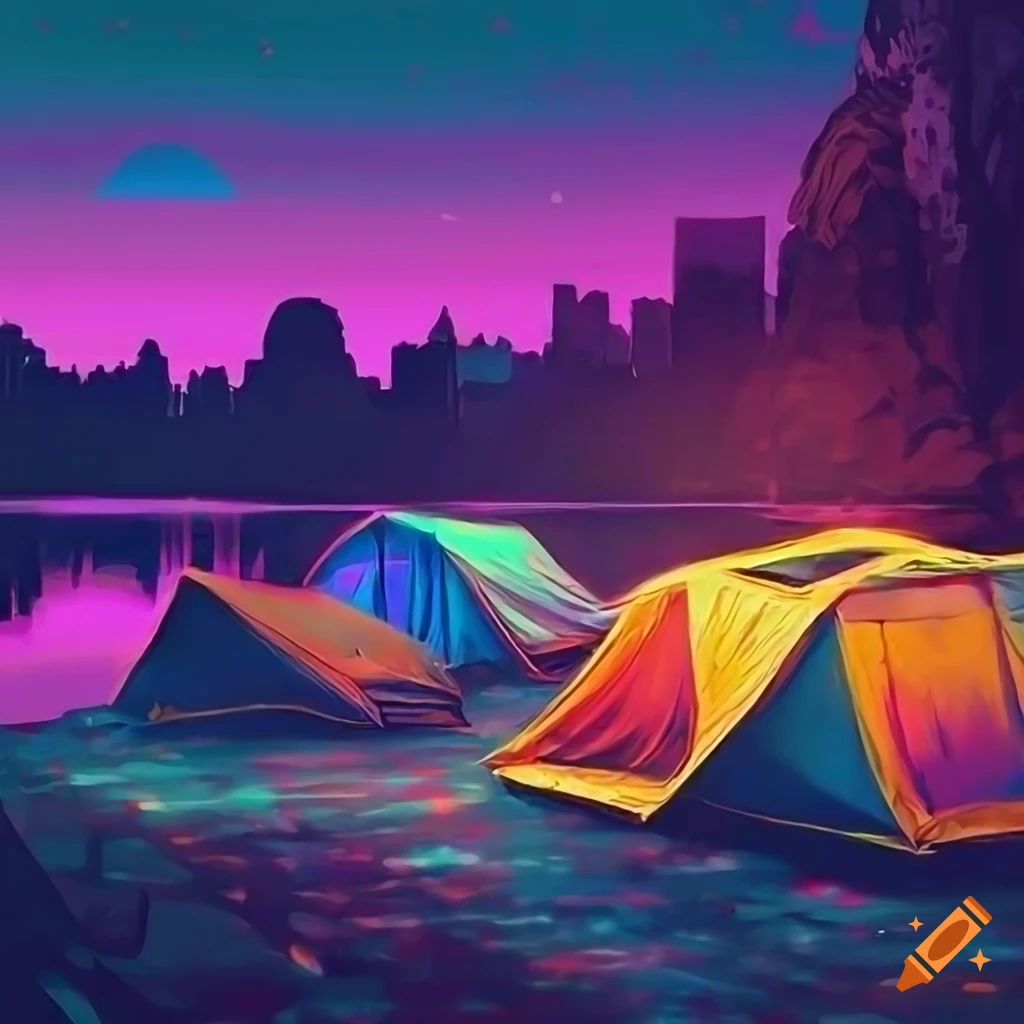 Acrylic painting of colorful tents in a dark cityscape on Craiyon