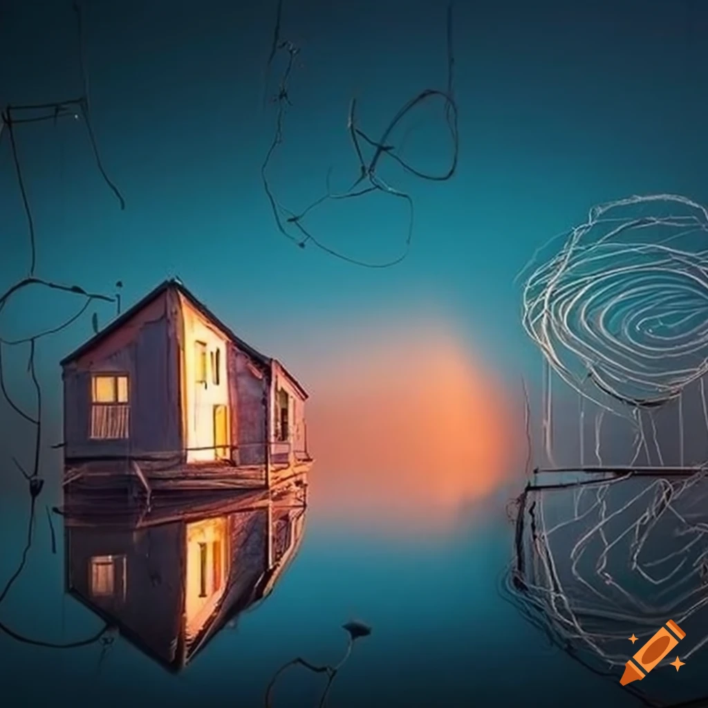 surreal artwork of a floating house in vibrant sunlight