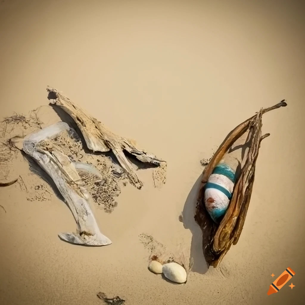 sculpture of half submerged driftwood on a sandy beach