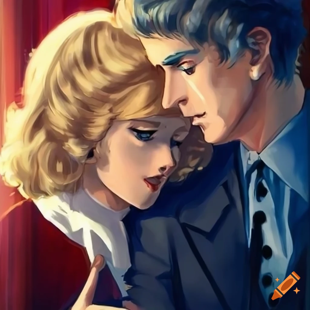 vintage-style anime artwork of a couple resembling young Prince Charles and young Camilla Parker Bowles