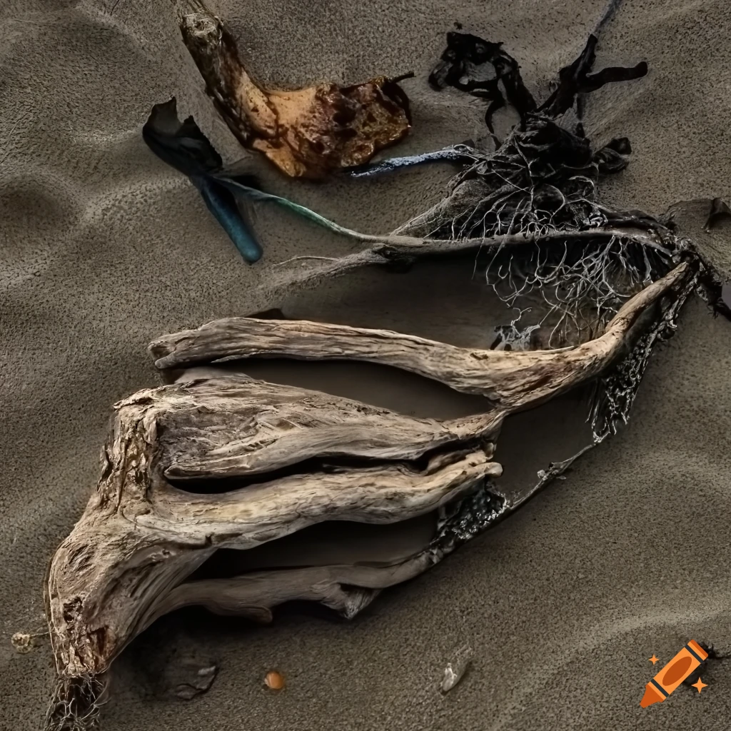 sculpted driftwood and marine debris on sandy beach