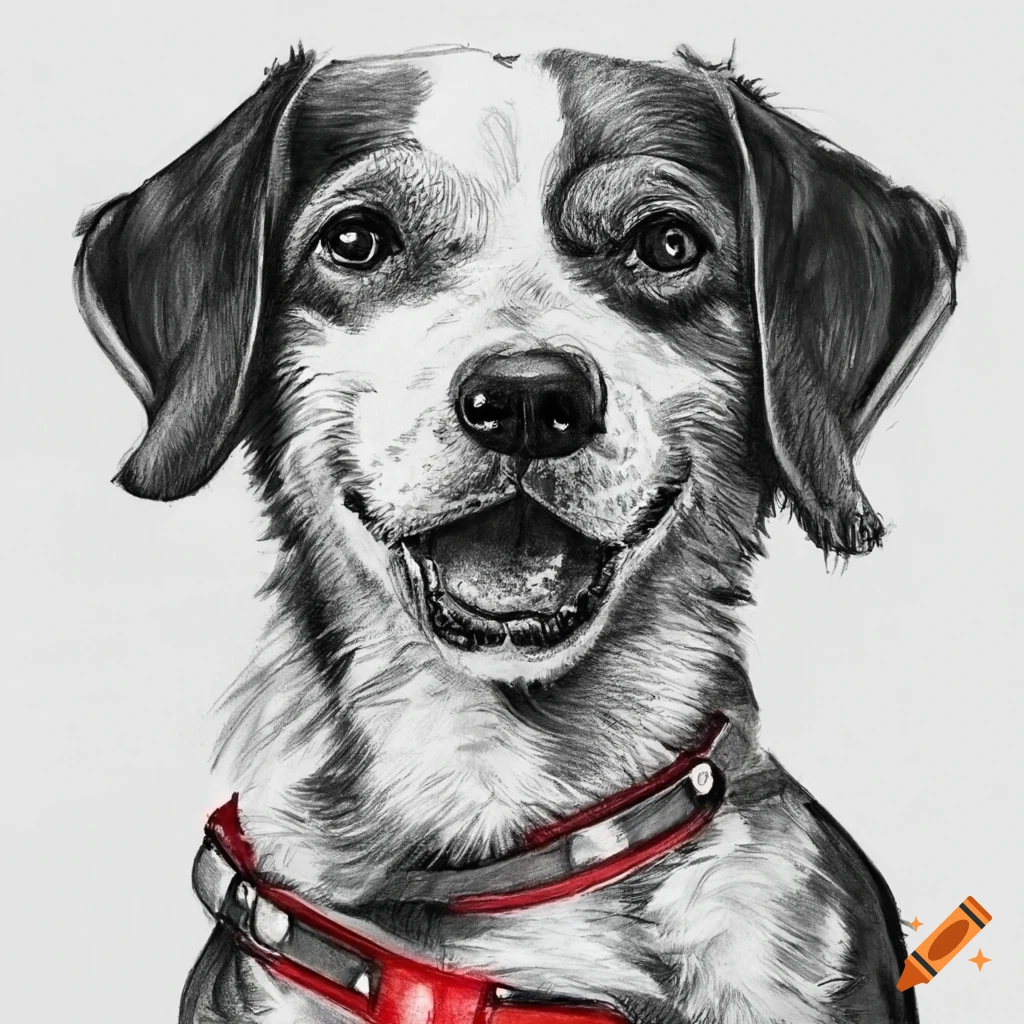pencil drawing of a dog with a red collar