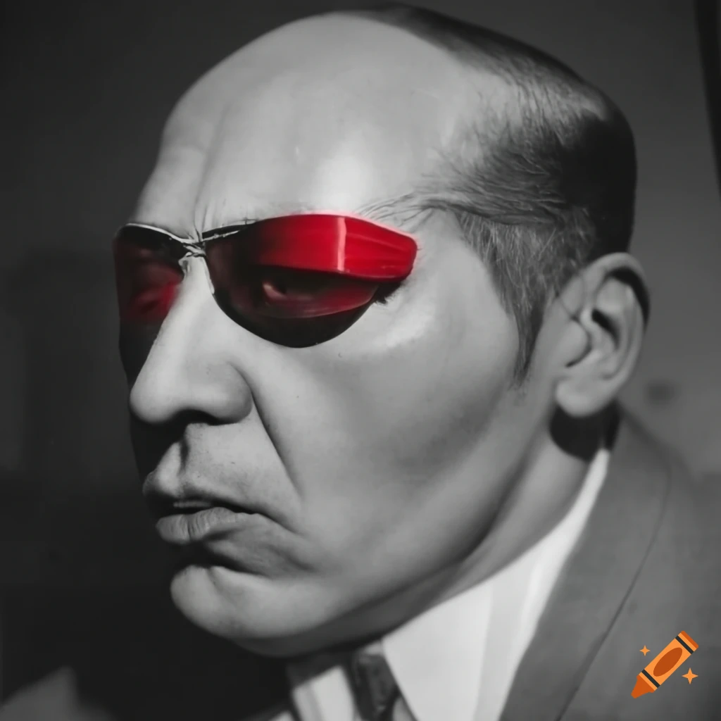 realistic black and white fisheye photo of a mafia man