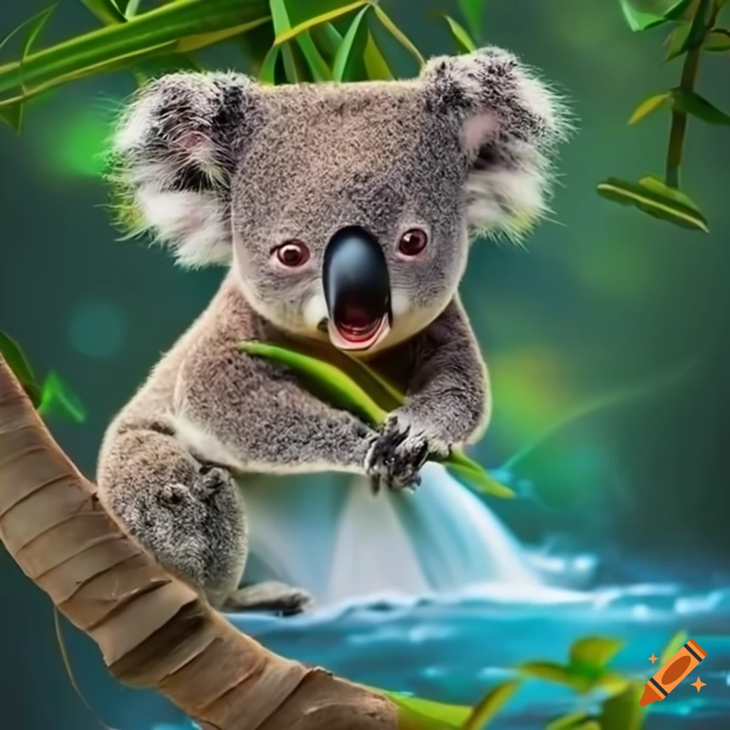 koala on bamboo tree near a waterfall