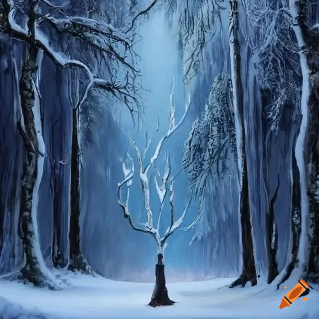 painting of a snow-covered weirwood tree
