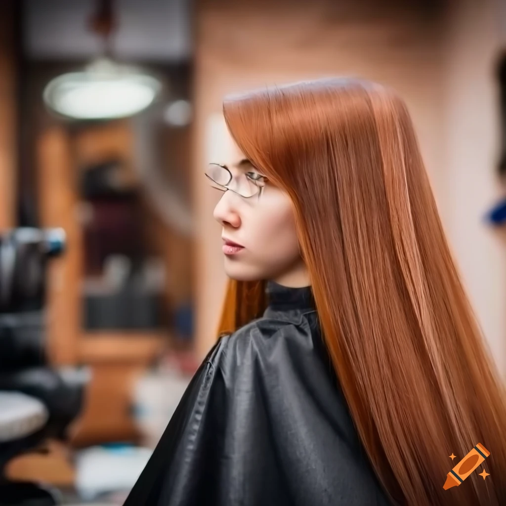 profile view of a girl with long auburn hair in a barber shop
