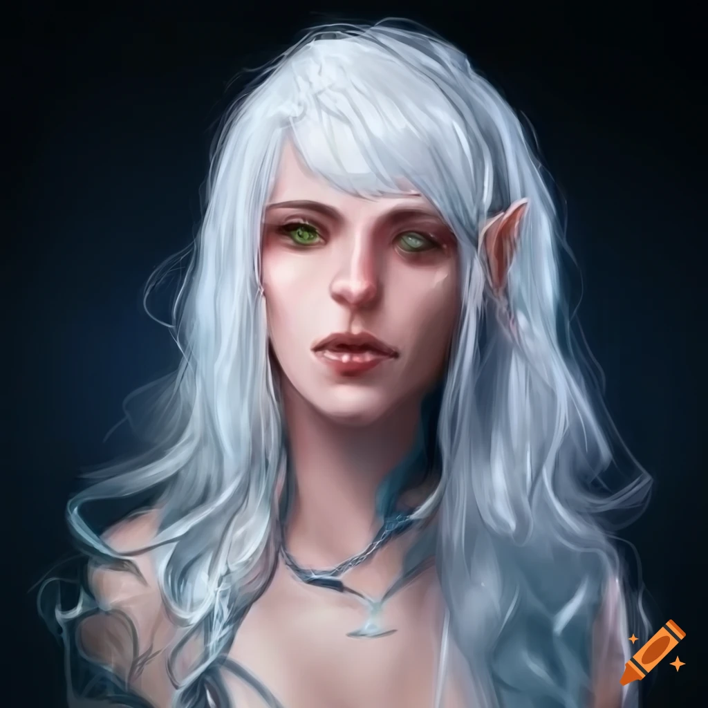 Art of a beautiful half-elf with ice powers on Craiyon