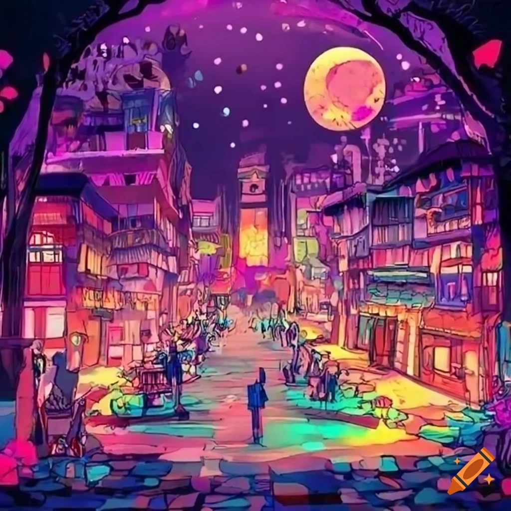 doodle of a vibrant ghost village at night