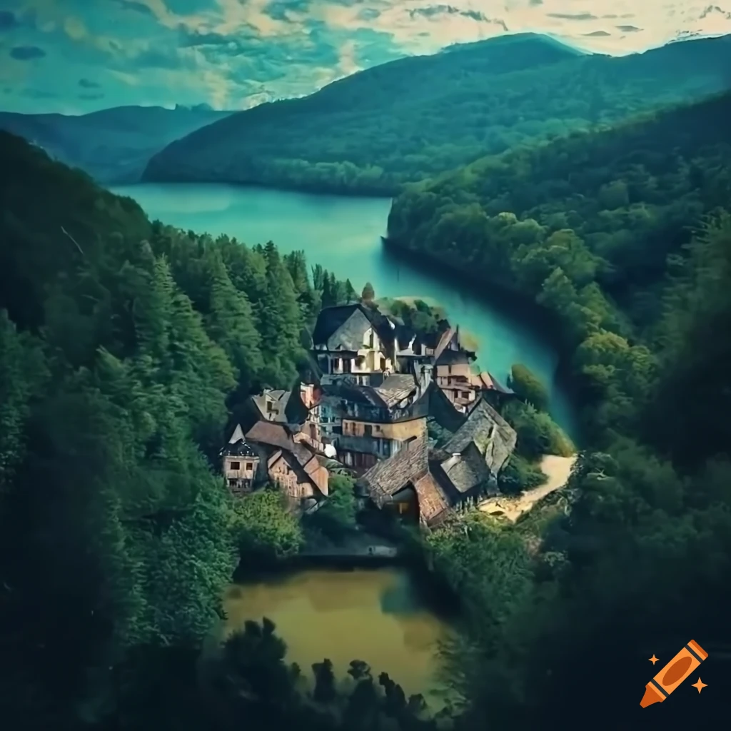 Aerial view of a medieval village next to a river on craiyon