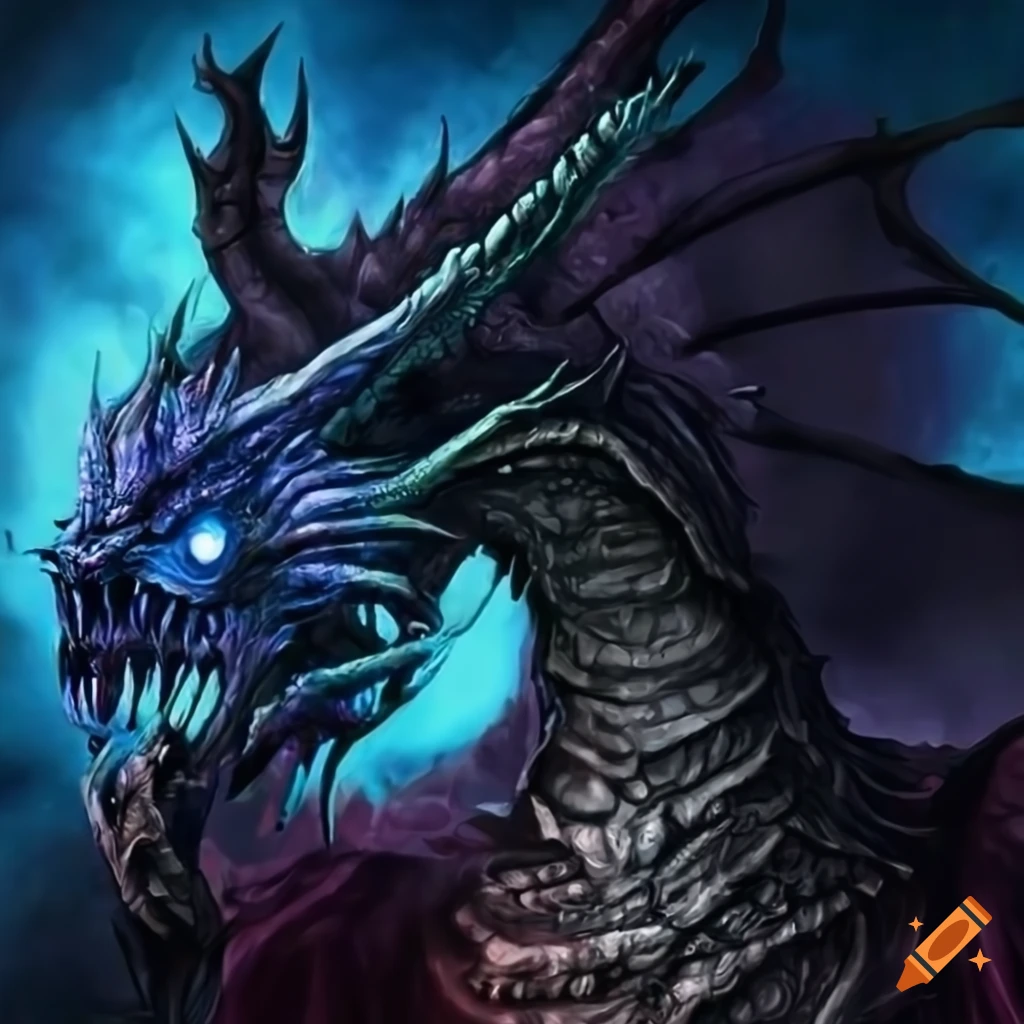 Image of a dark skeletal dragon with horns and blue fire