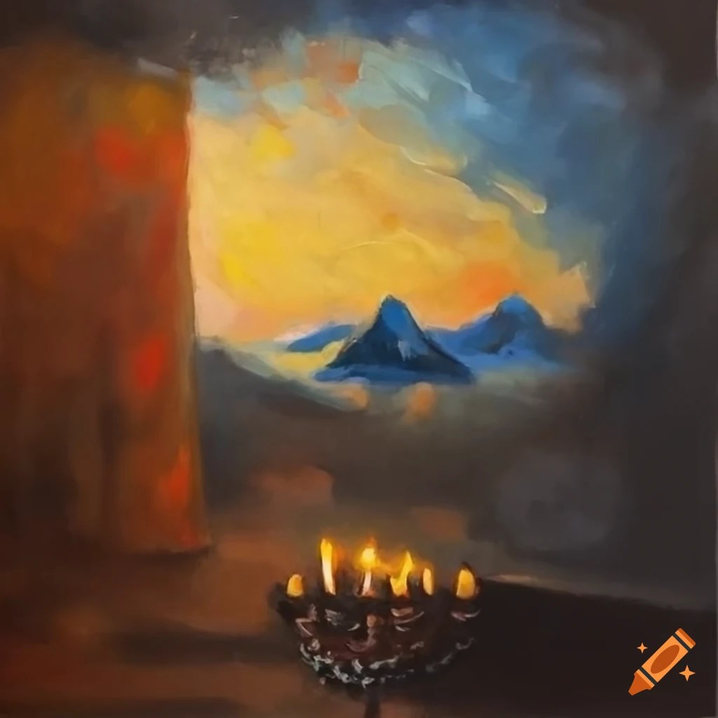 painting of a mountain with a menorah in front