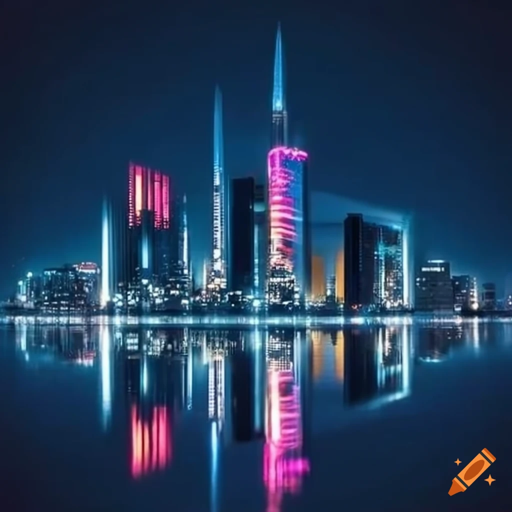 Night cityscape with skyscrapers and neon lights reflecting in water on ...
