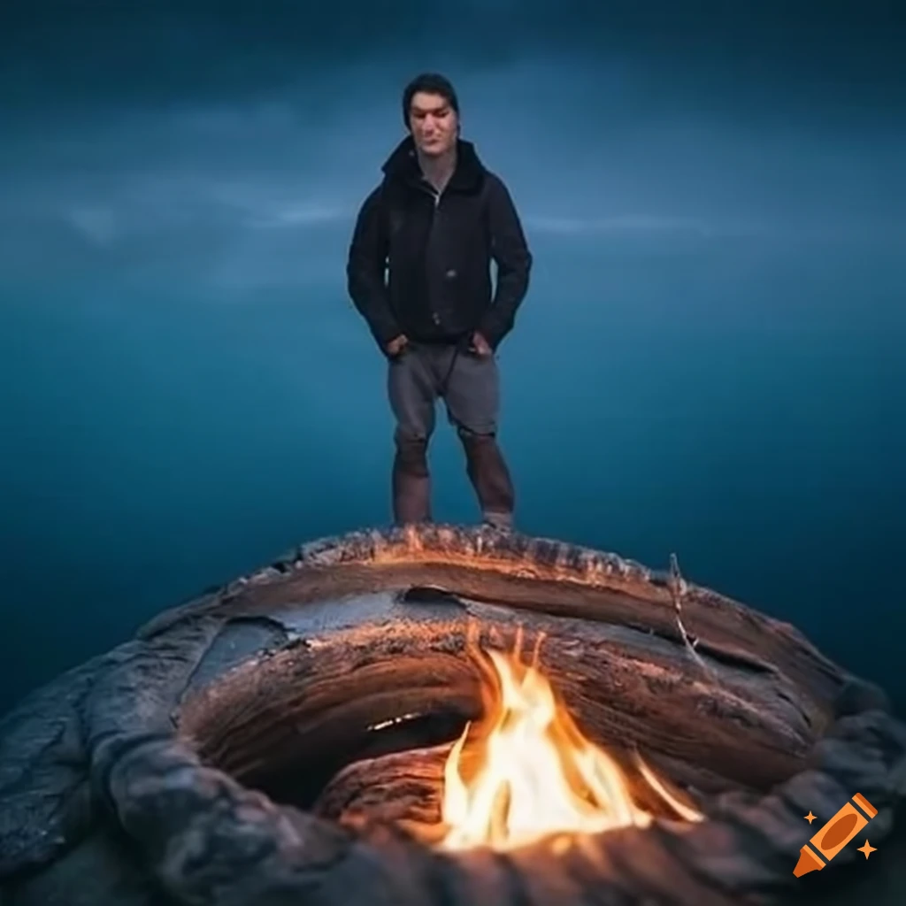 humorous image of Daniel Kübelböck in a whale by a campfire