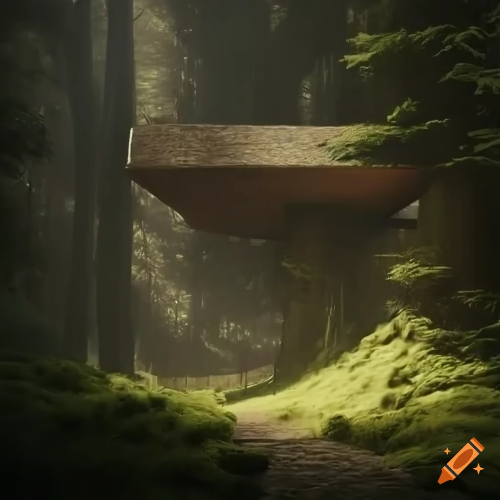 Realistic rendering of a brutalist house in a mystical forest on Craiyon