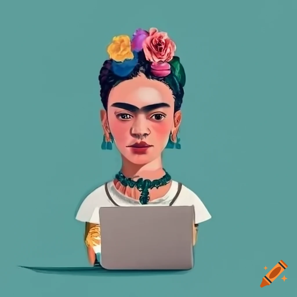 Office workers with laptops in frida kahlo style on Craiyon