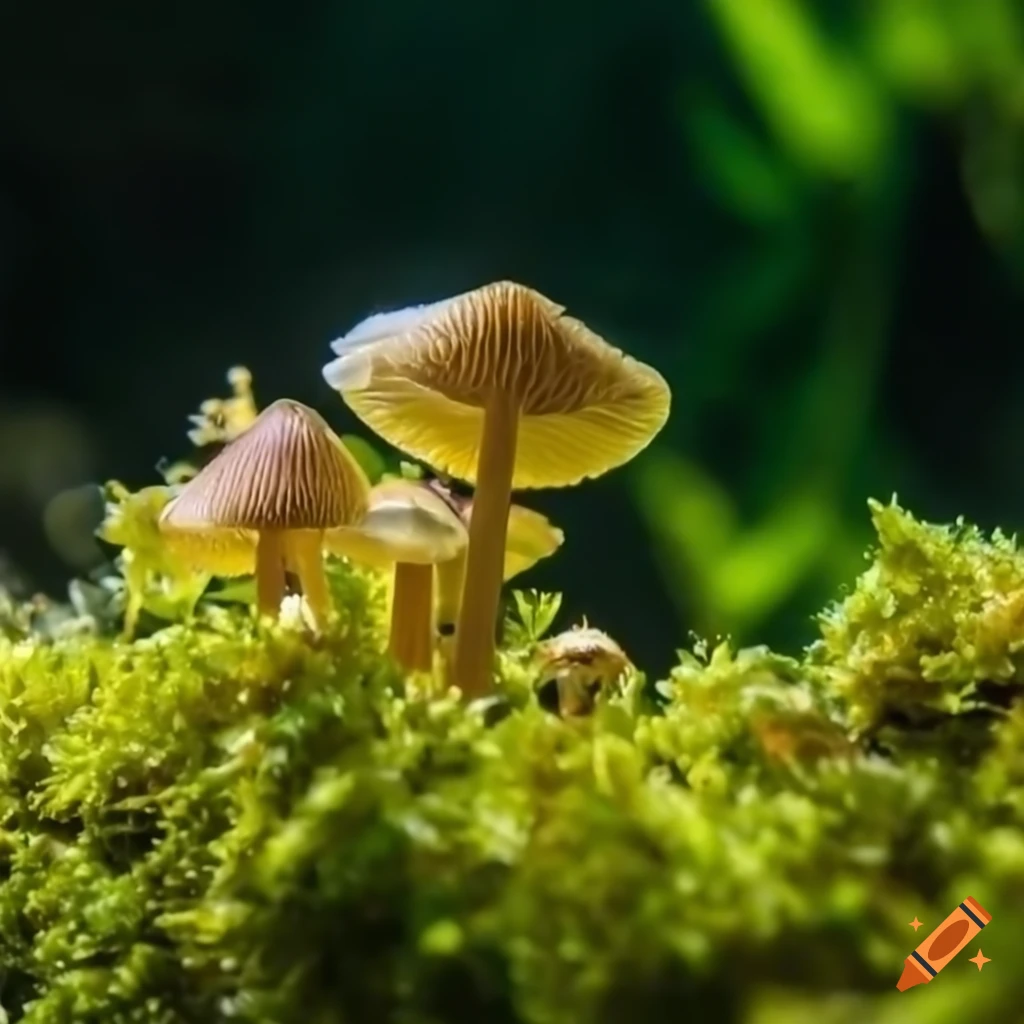 close-up of a flower surrounded by moss and mushrooms underwater