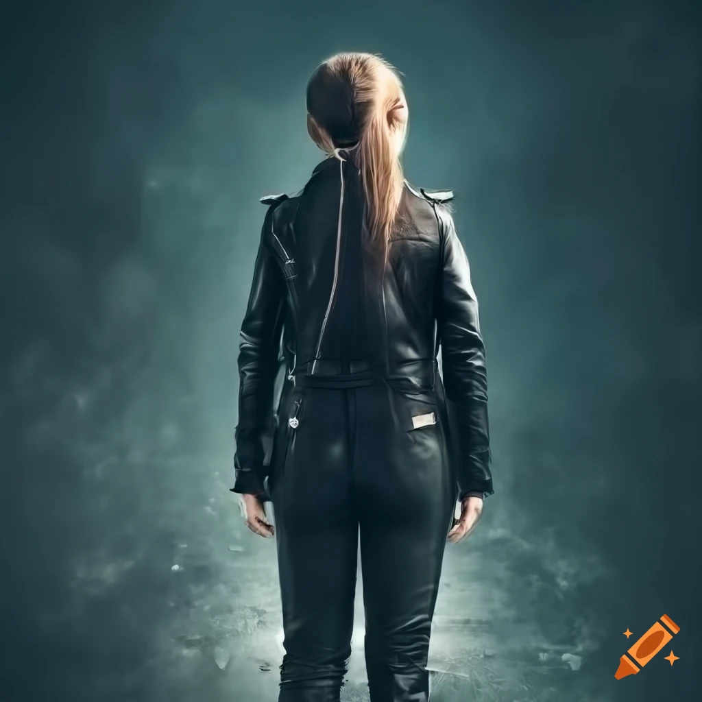 photograph of Greta Thunberg in a black leather outfit