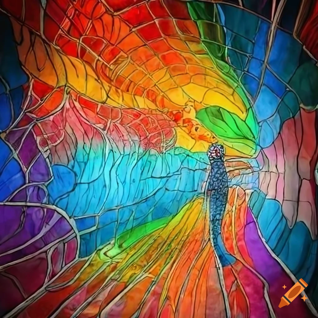 Colorful moebius drawing of sound waves in stained glass sculpture on