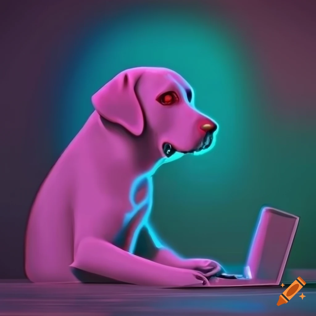 Neon style illustration of a labrador using a computer on Craiyon