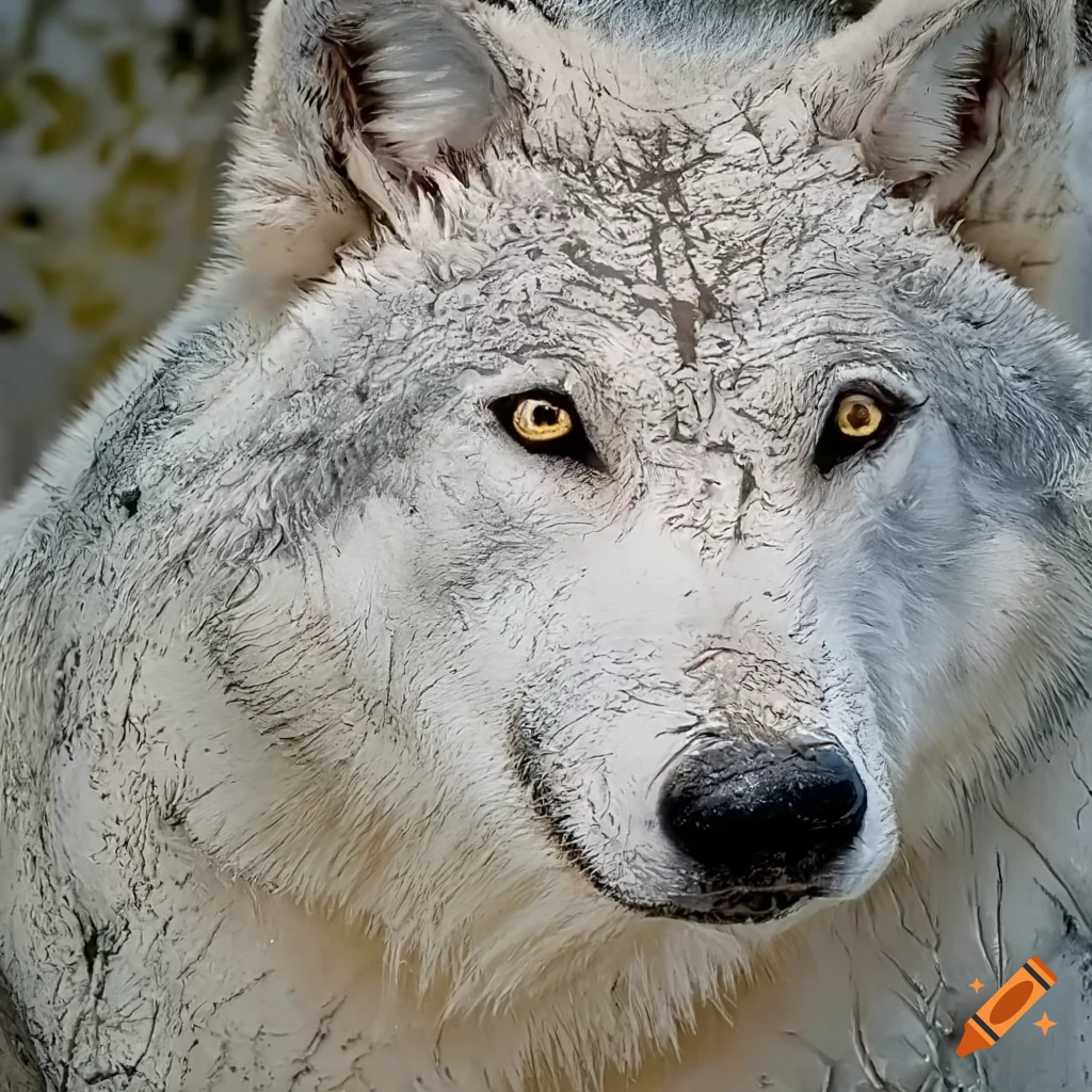 realistic artwork of a mud-covered white wolf
