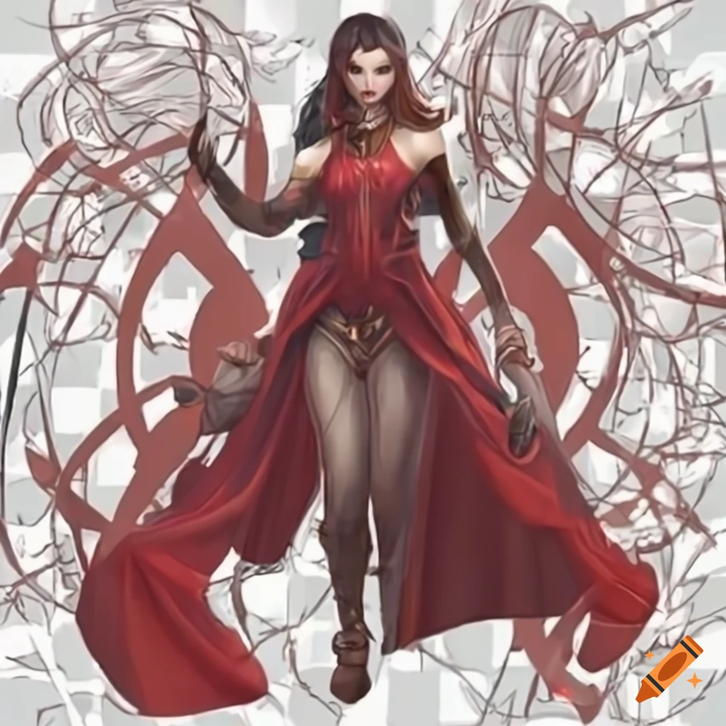 Red-dressed fantasy character with detailed face and captivating eyes ...