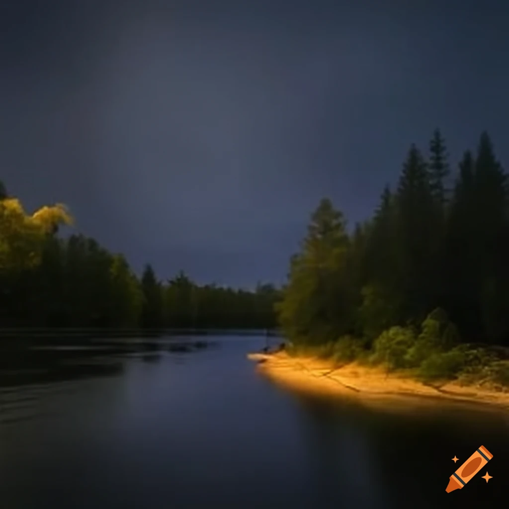 nighttime view of a river during rain