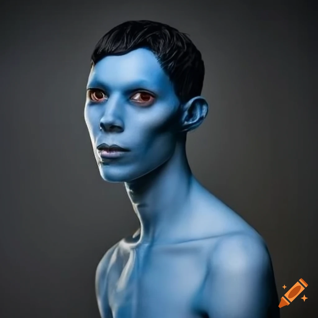 Character Design Of Blue Skinned Alien With Wavy Black Hair 